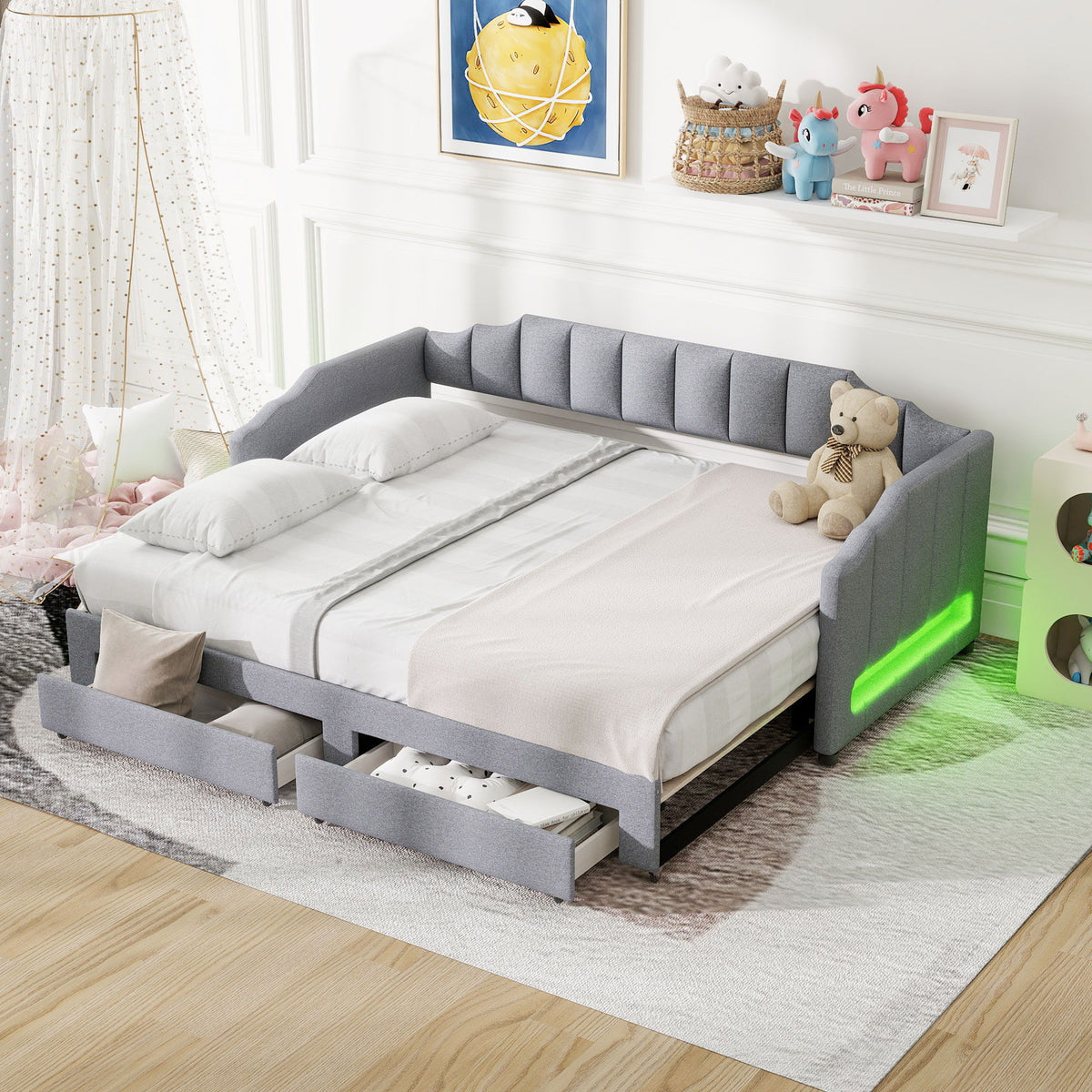 Extendable Daybed With LED Light And 2 Storage Drawers