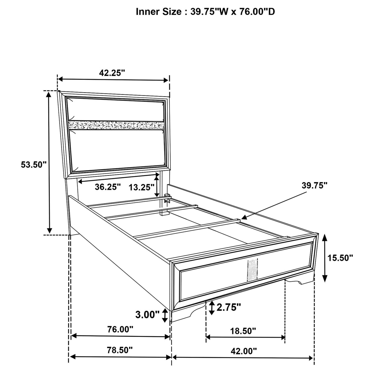 Panel Bed With Padded Headboard And Glittering Accent Stripes