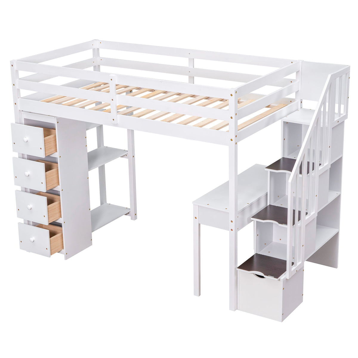 Loft Bed With Storage Drawers, Desk And Stairs With Shelves