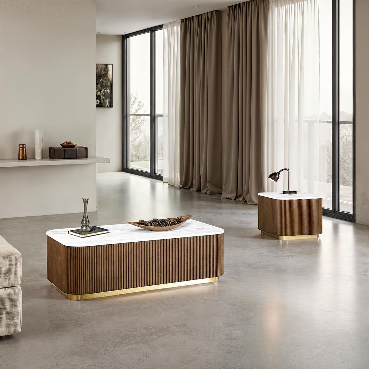 3 Piece Table Set (Rectangle Cocktail Table And Two Square End Tables) - Brown / Gold / White