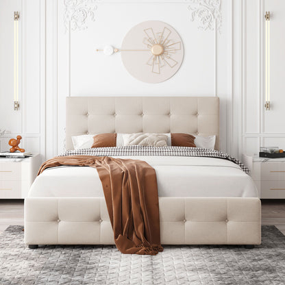 Upholstered Platform Bed With Classic Headboard And Drawers, No Box Spring Needed