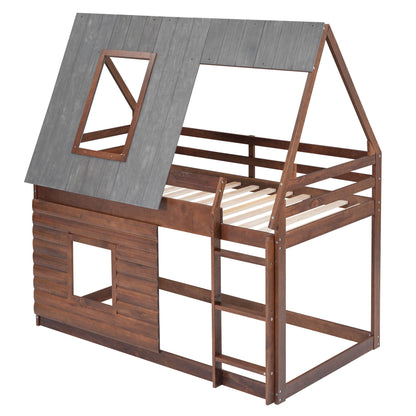 Twin Size House Bunk Bed With Roof, Ladder And 2 Windows - Brown