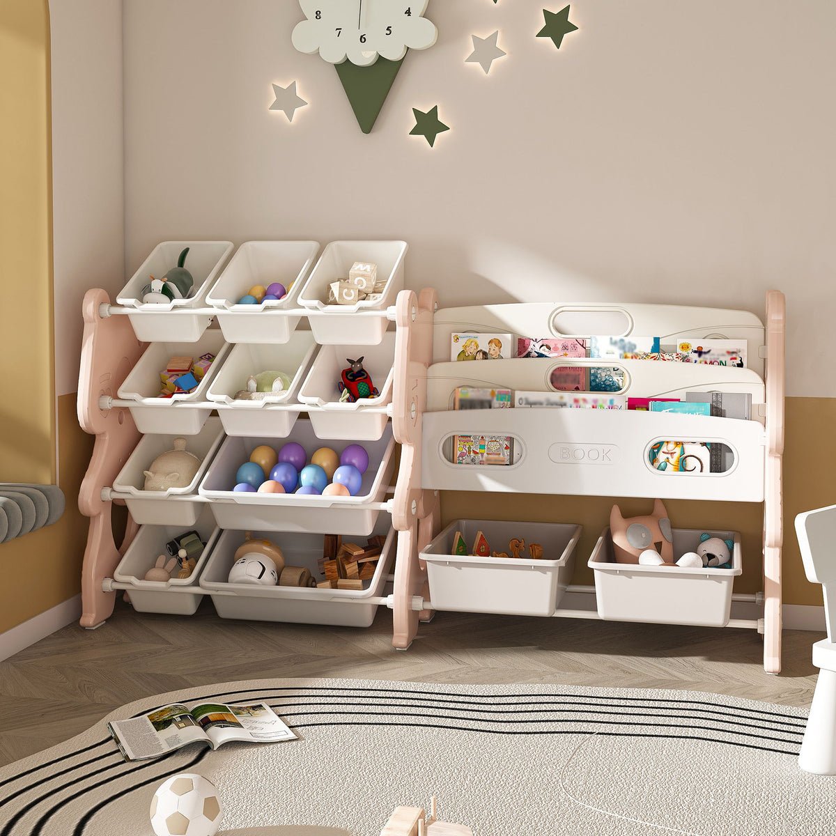 Kids Toy Storage Organizer With 2 Tier Bookshelf, Toy Storage With 12 Bins