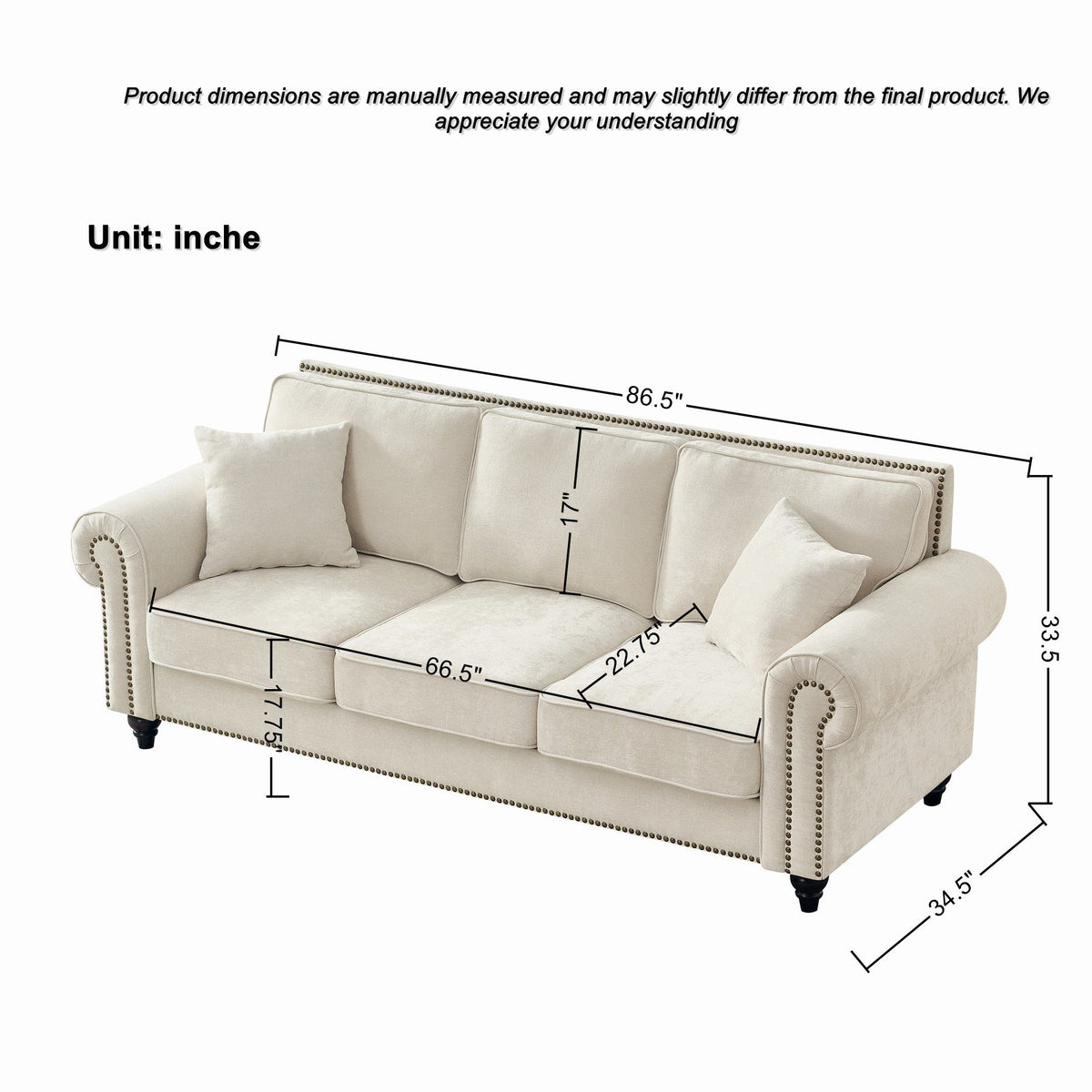 3 Seater Sofa With Tufted Upholstery, Rolled Arms, Nailhead Trim