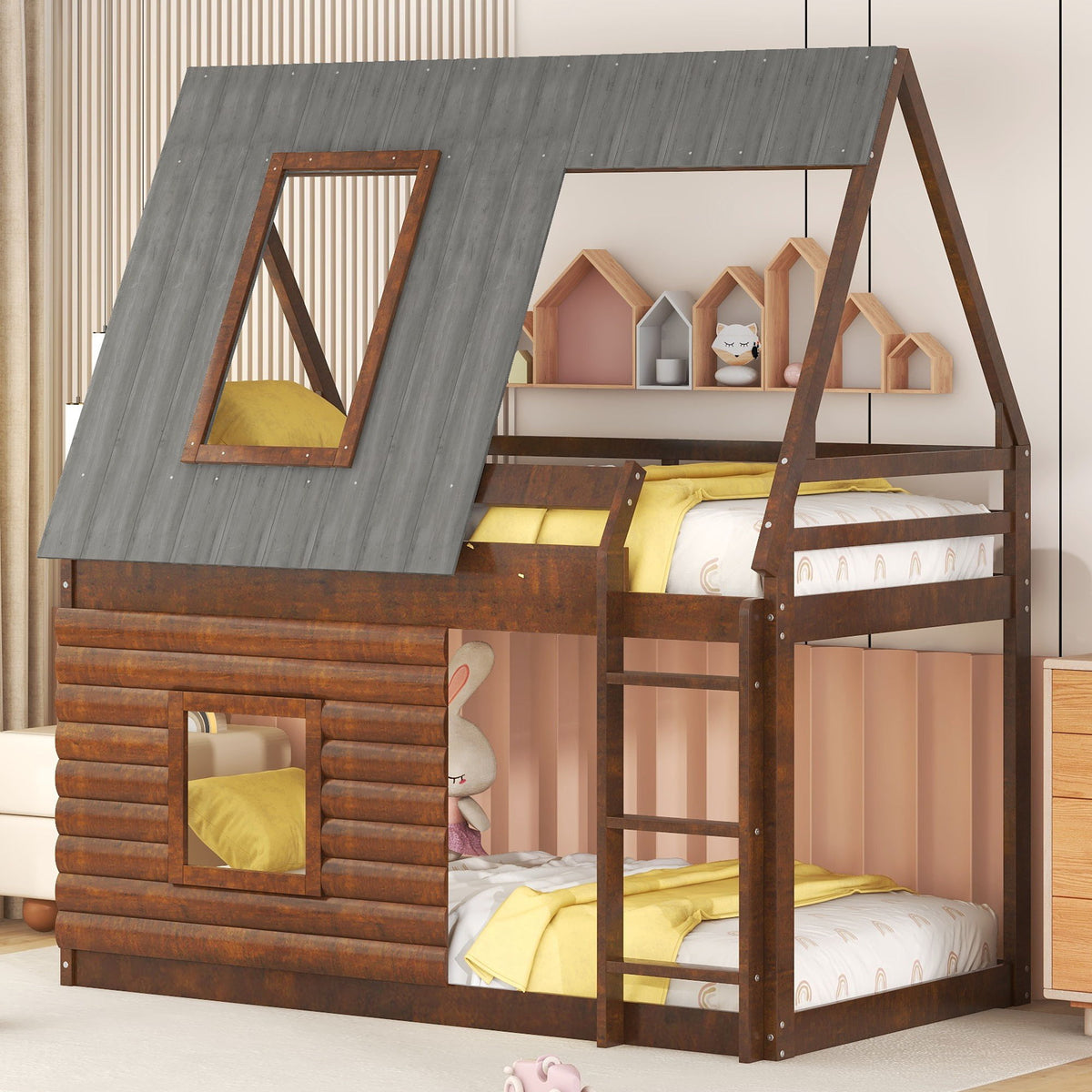 Twin Size House Bunk Bed With Roof, Ladder And 2 Windows - Brown