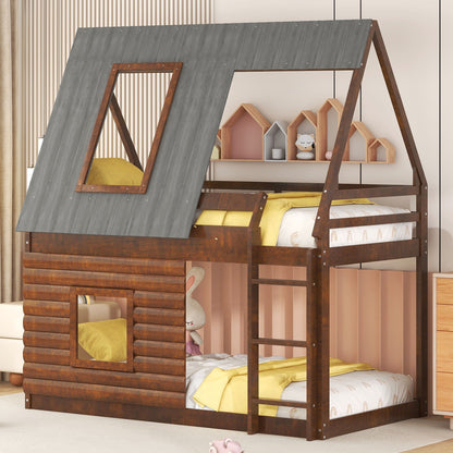 Twin Size House Bunk Bed With Roof, Ladder And 2 Windows - Brown