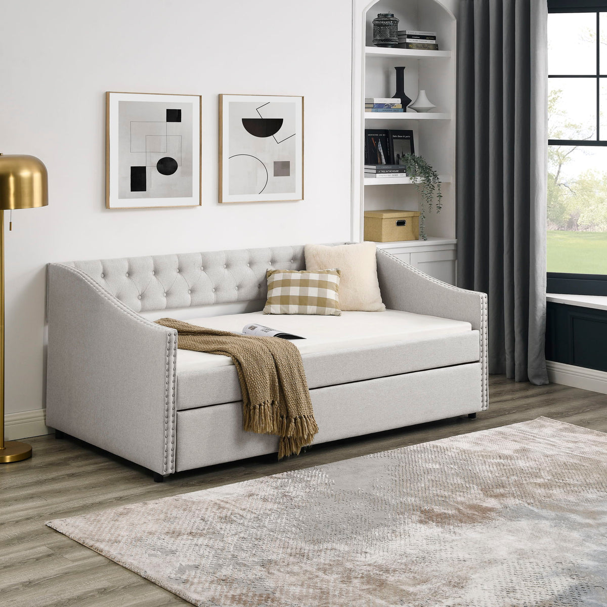 Upholstered Tufted Daybed With Drawers, Waved Arms