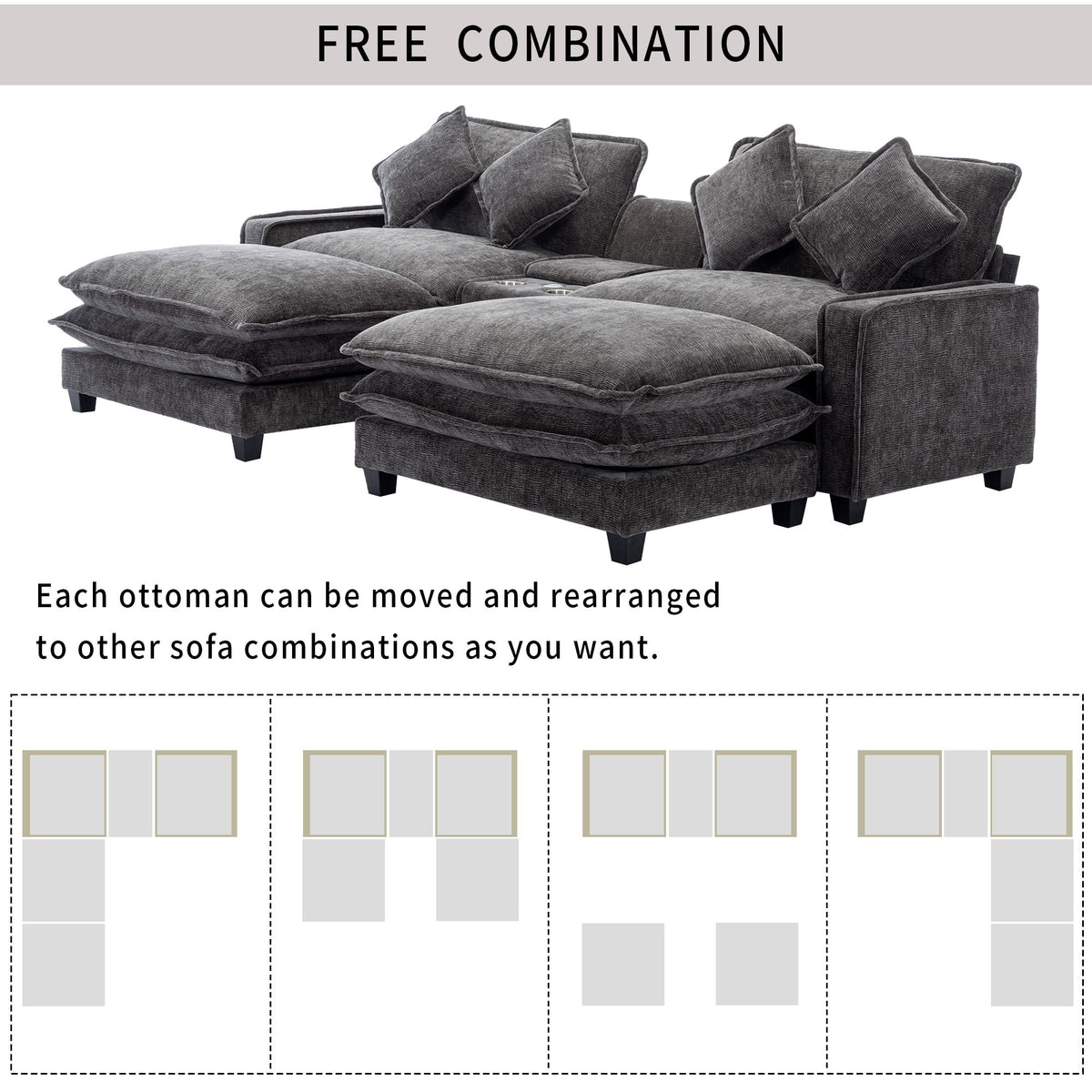Modern Sectional Sofa With Removable Ottomans, USB Ports