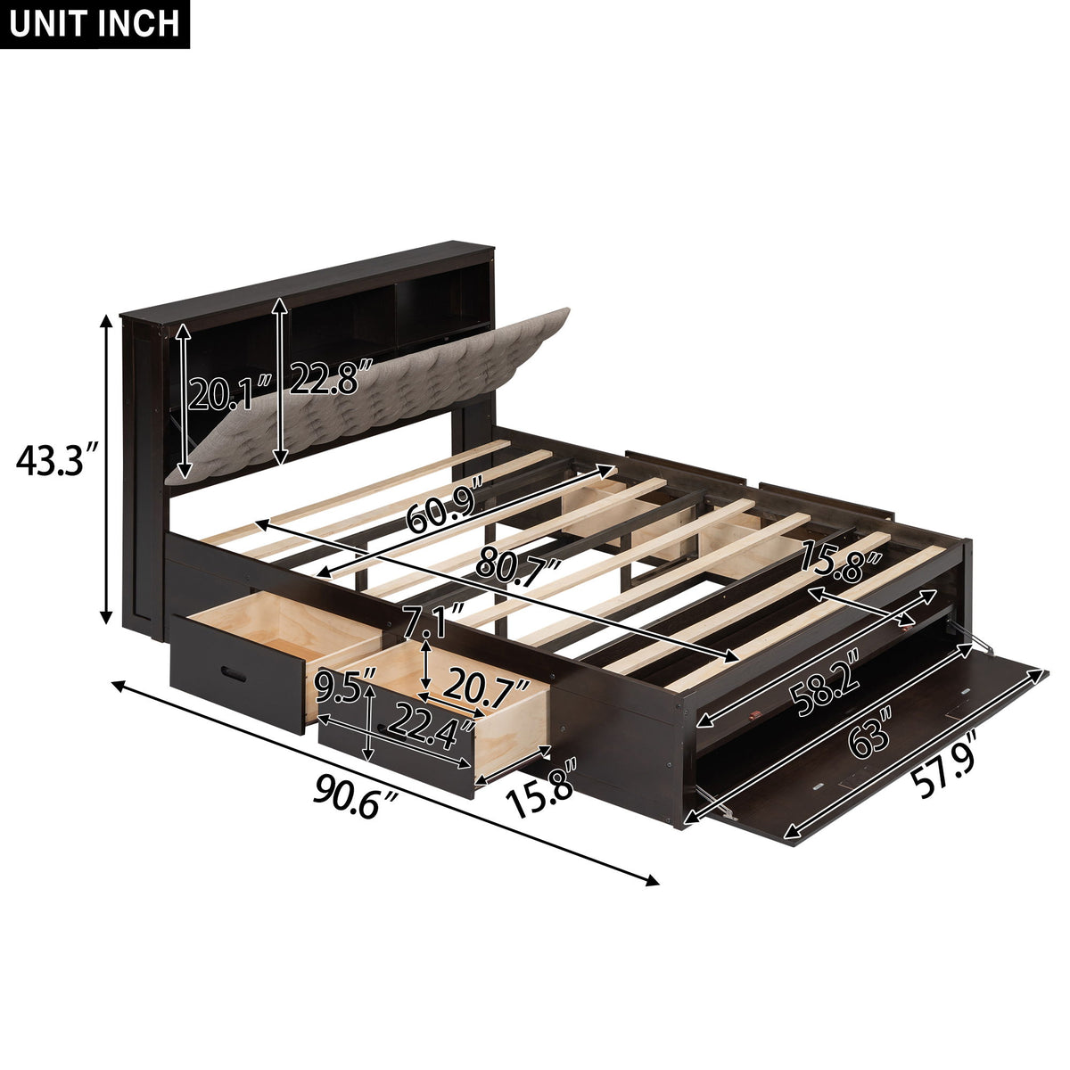 Platform Bed With Storage Headboard, Shoe Rack And 4 Drawers