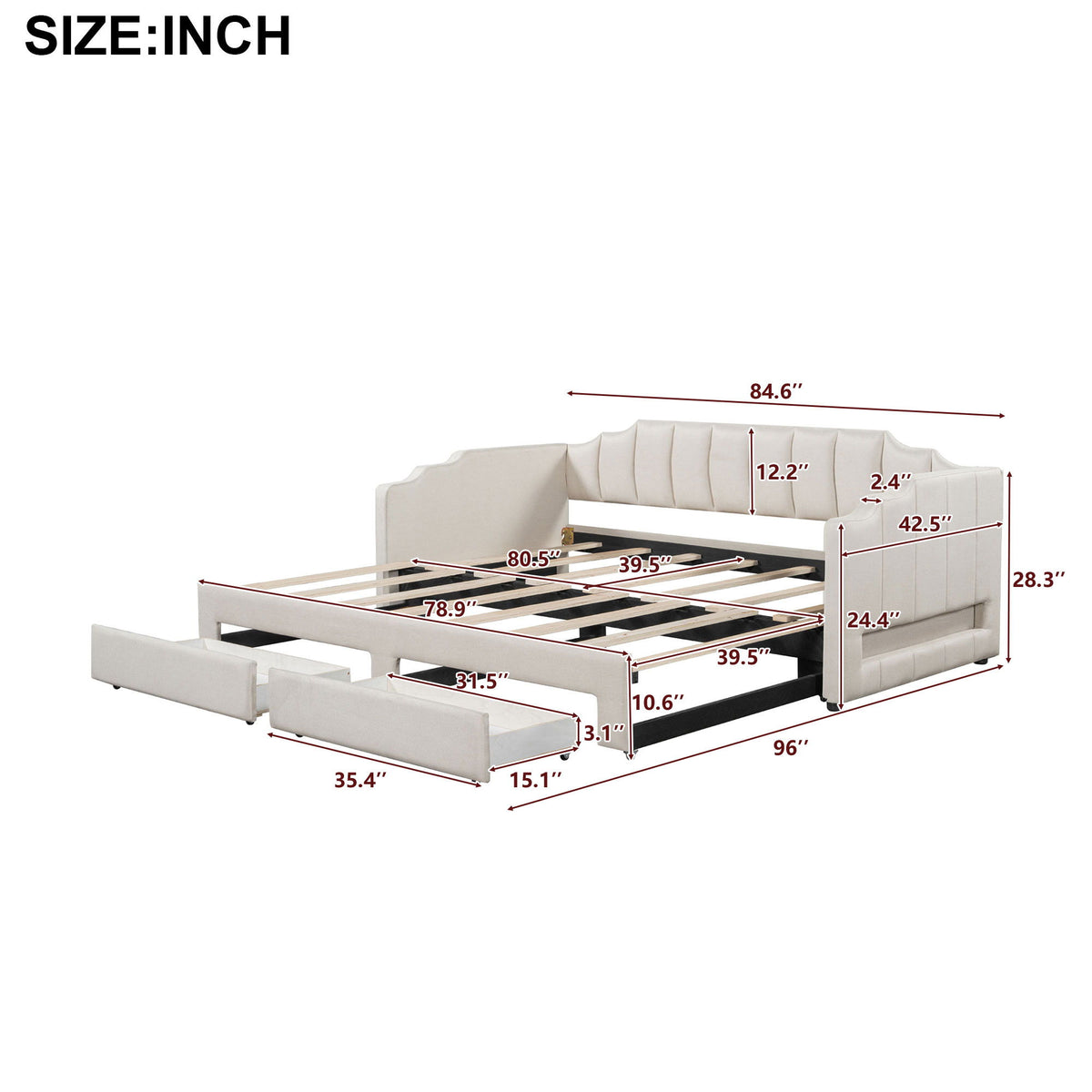 Extendable Daybed With LED Light And 2 Storage Drawers