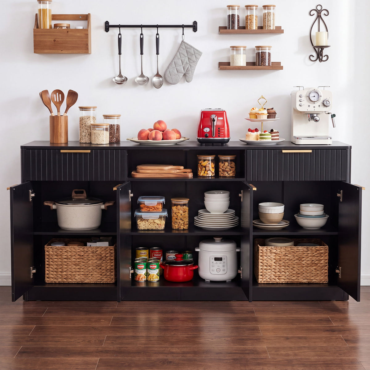 Fluted Buffet Sideboard, Wine Bar Storage Cabinet With 6 Doors & 2 Drawers For Dining Room - Black
