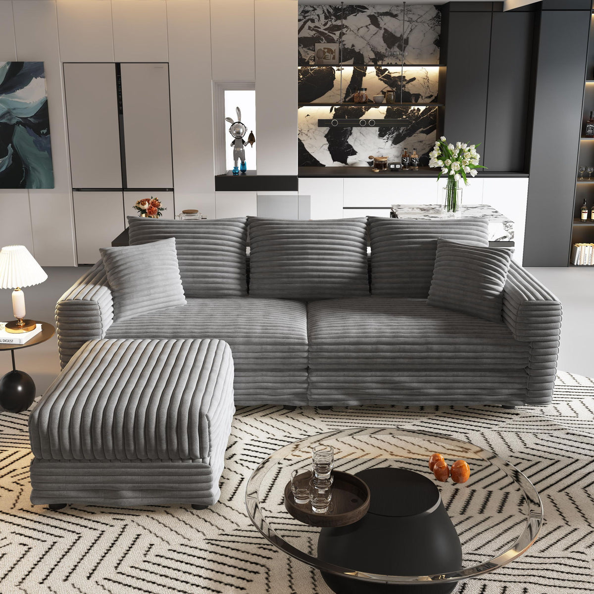 Convertible Deep Seat Sofa With Soft Pillows And Ottomans