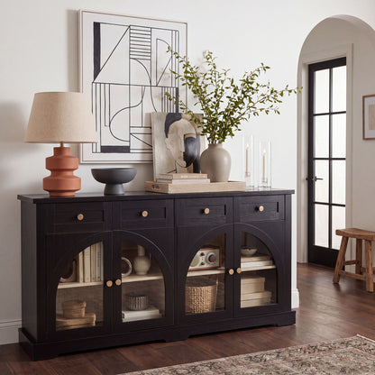 Sideboard Cabinet With 4 Drawers And 4 Arched Doors, Accent Storage Cabinet With Adjustable Shelves For Dining Room - Black