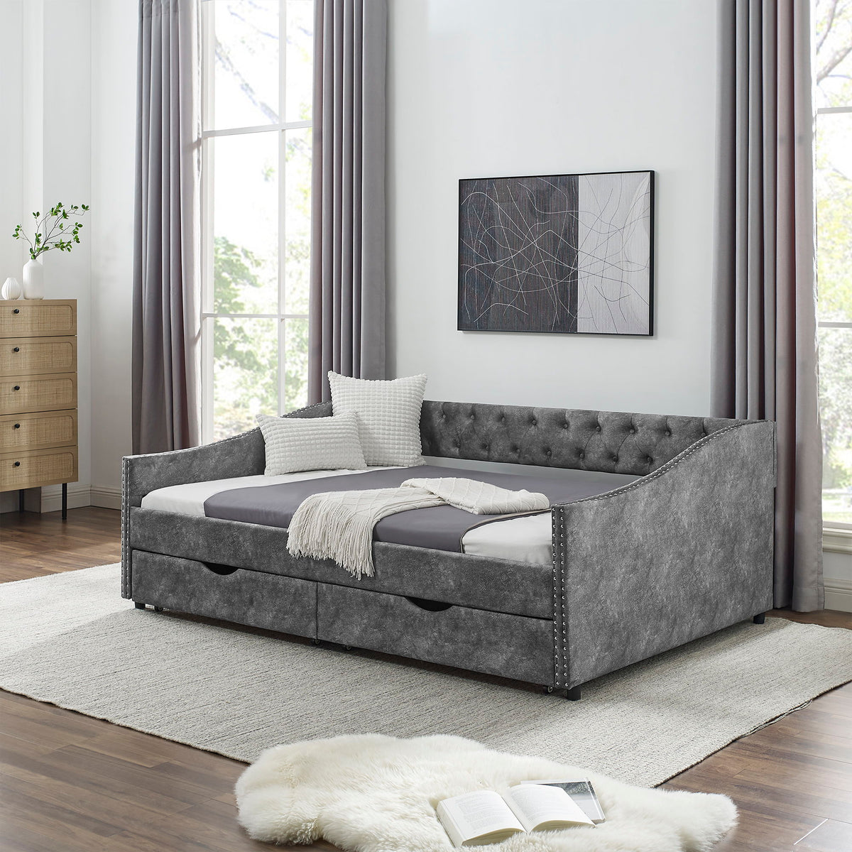 Upholstered Tufted Daybed With Drawers, Waved Arms