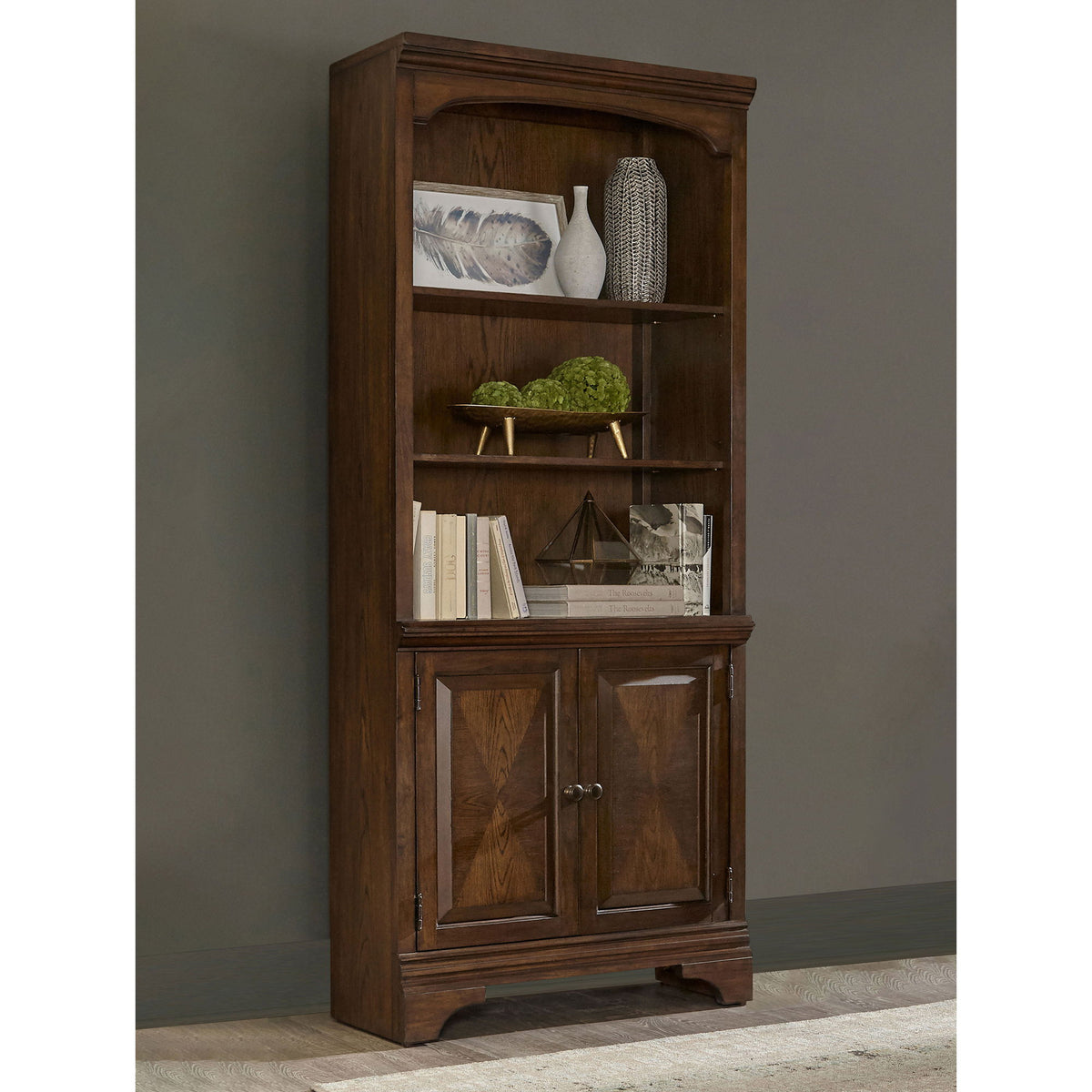Stigham - Bookcase With 2 Door Cabinet, Adjustable Shelves, Cable Management - Oak