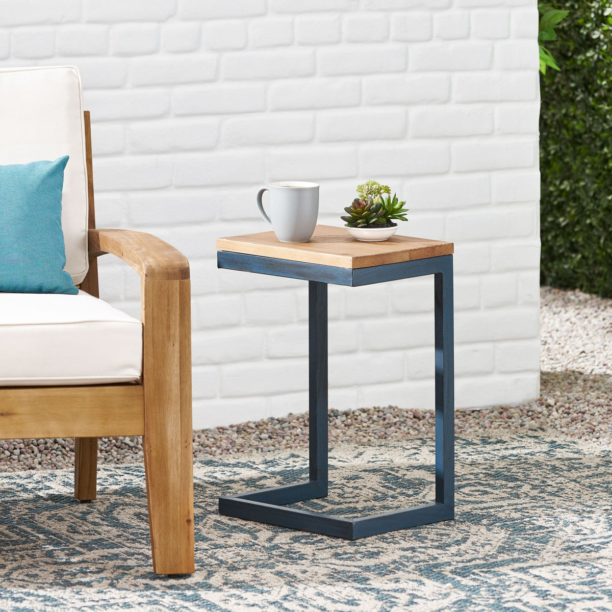 Small C Shaped End Table With Iron Base And Fir Wood Top - Black