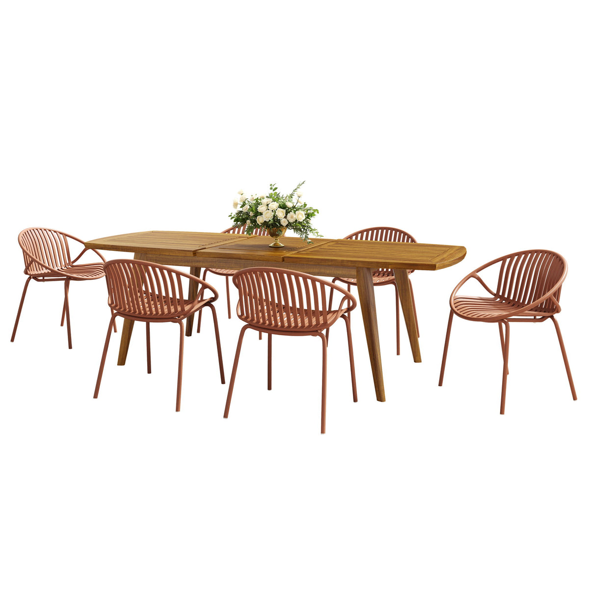Modern Outdoor 7 Piece Expandable Dining Set With Stackable Chairs