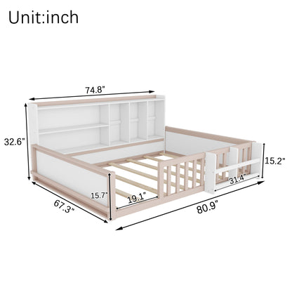 Platform Bed Frame With Guardrail, Storage Shelves & Bookshelf