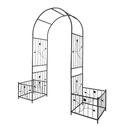 Metal Garden Arch With Two Plant Stands Wide High Climbing Plants Support Rose Arch Outdoor - Black