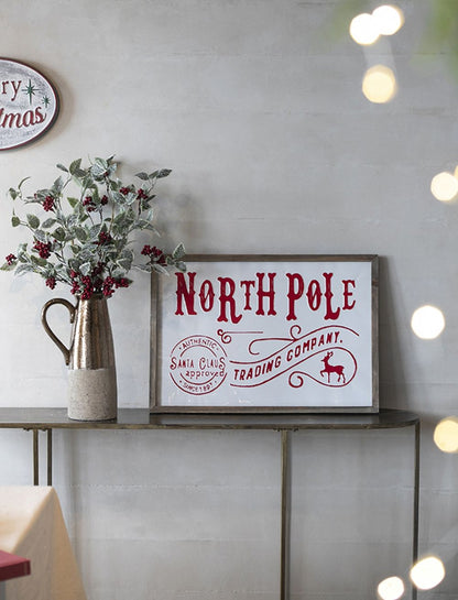 Iron / Wood North Pole Trading Company Wall Sign, For Christmas Holiday Table Wall Decor - White / Red