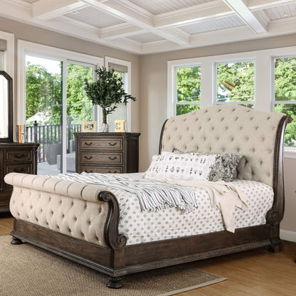 Sleigh Bed With Button Tufted Fabric Headboard And Footboard