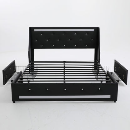 Wingback Upholstered Bed Frame With LED Lights, Charging Station