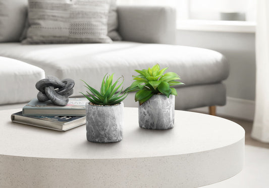 6" Tall, Artificial Plant, Succulent, Indoor, Faux, Fake, Table, Greenery, Potted, Decorative (Set of 2) - Green