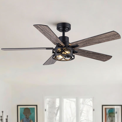Ceiling Fan With Light, Dual‑Sided Matte Black & Wood Grain Blades - Black