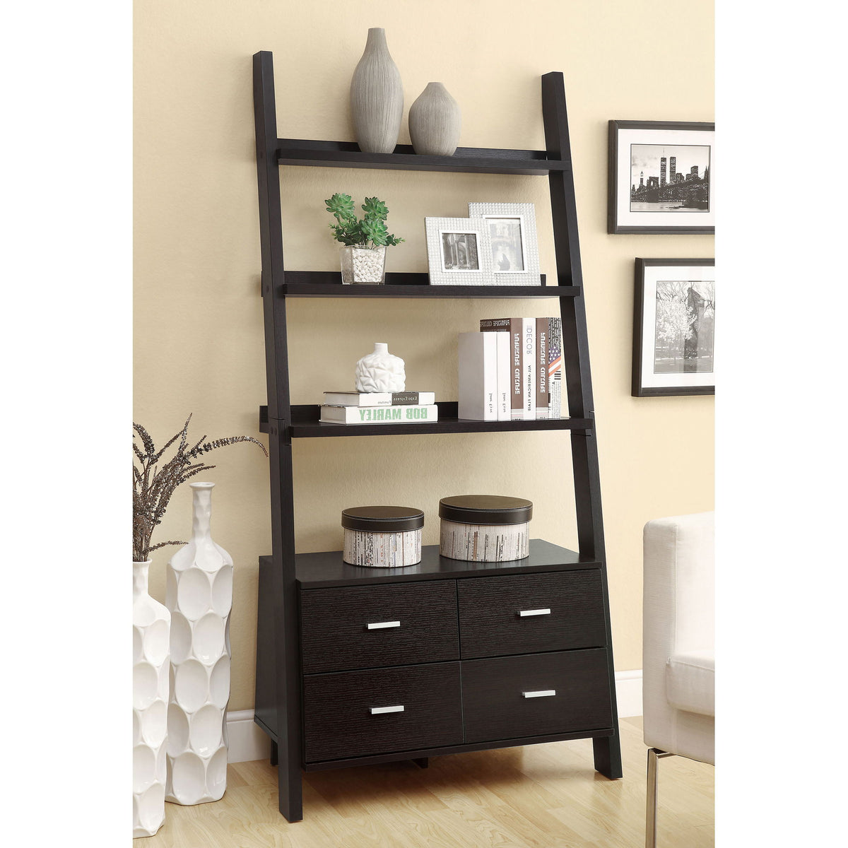 Shasta - 5 Shelf Ladder Bookshelf With Drawers - Cappuccino