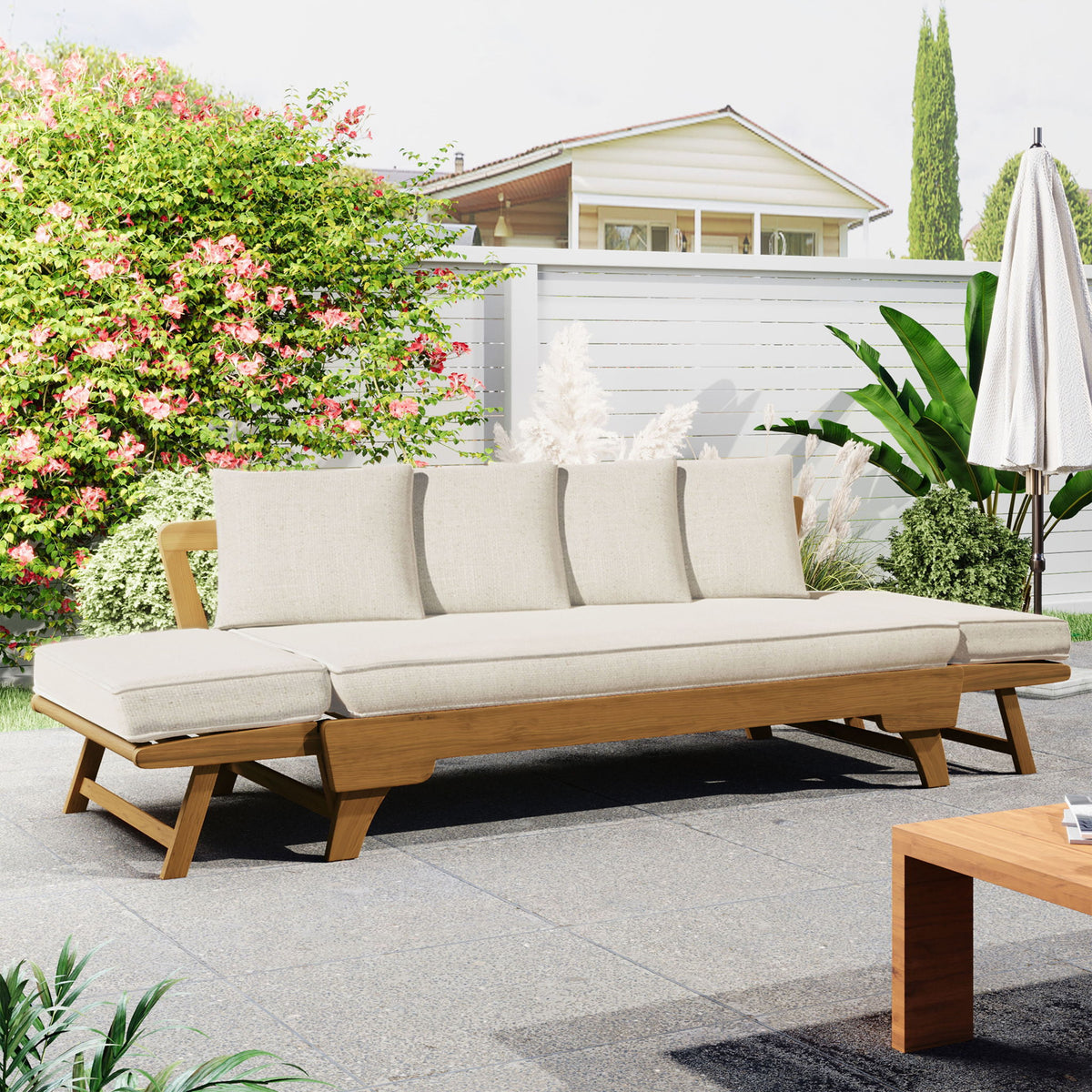 Outdoor Patio Daybed Sofa, 3 Seat Sofa With Foldable Arm 4 Back Pillows