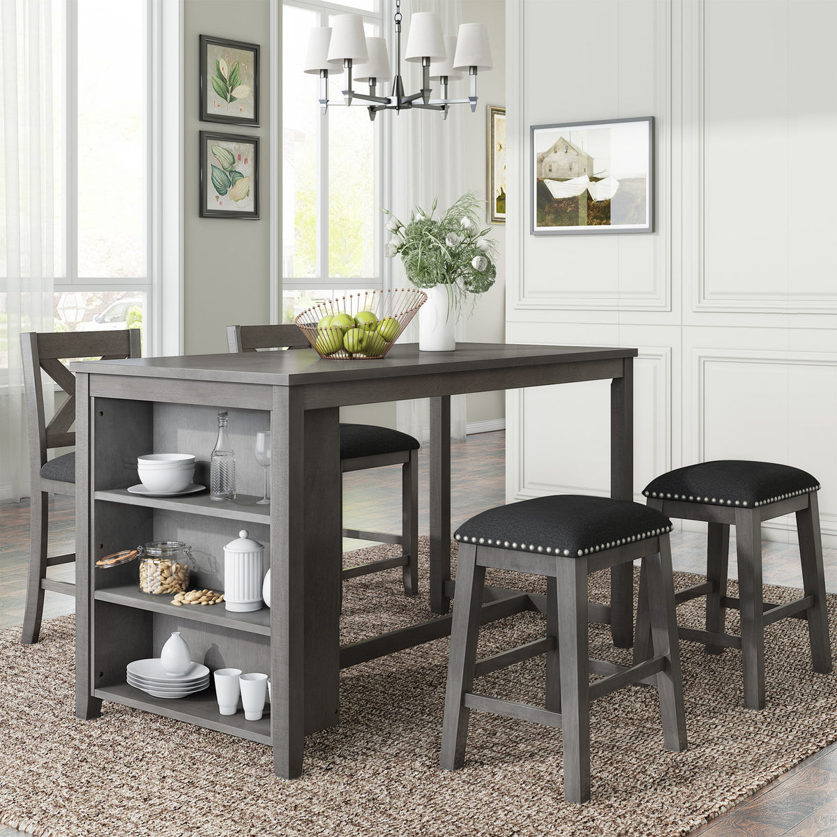 5 Pieces Counter Height Rustic Farmhouse Dining Room Wooden Bar Table Set With 2 Stools And 2 Chairs