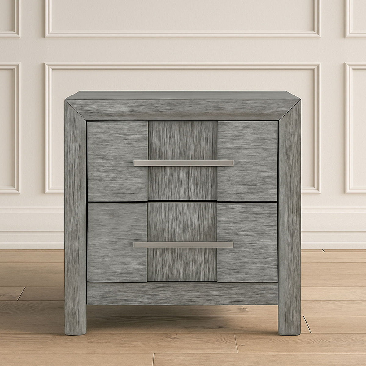 Modern 2 Drawer Nightstand In Gray Finish With Silver Metal Handles, Contemporary Bedside Table With Smooth Glide Drawers
