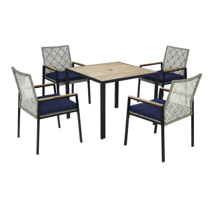 5 Piece Patio Dining Table Set, Acacia Wood Table Top With Umbrella Hole