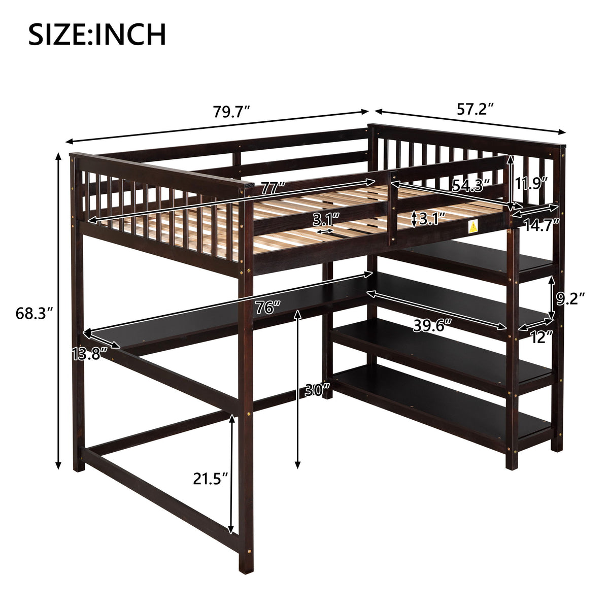 Loft Bed With Storage Shelves And Under Bed Desk