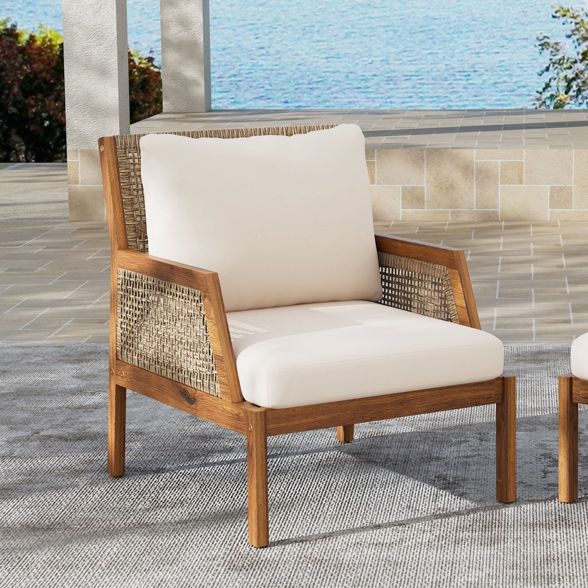 Acacia Wood Patio Furniture Club Chair, Outdoor Wicker Armchair, Deep Seating With Soft Cushions For Porch - Teak / Mix Brown