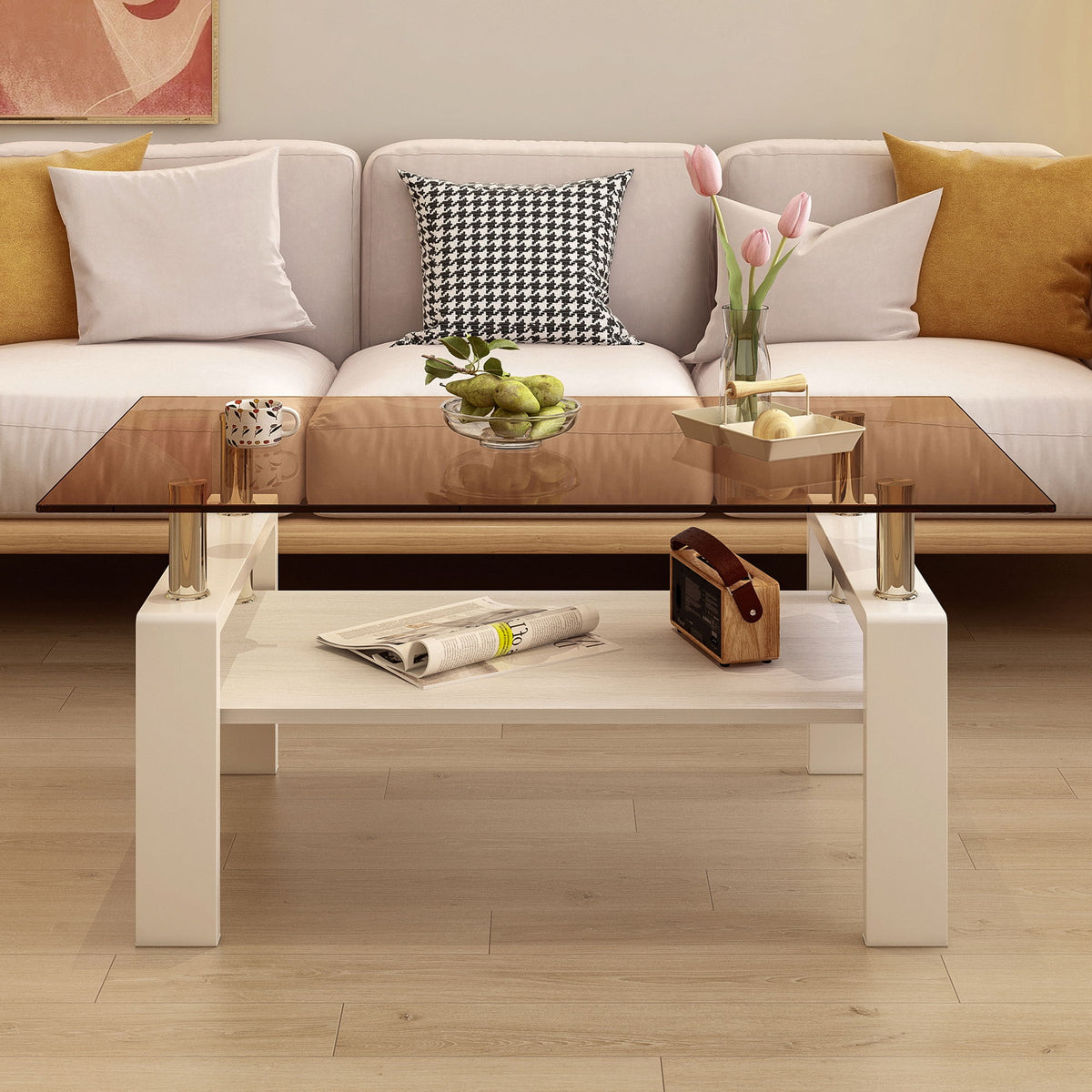 Modern Rectangular Coffee Table With Tempered Transparent Glass Top And Storage Shelf