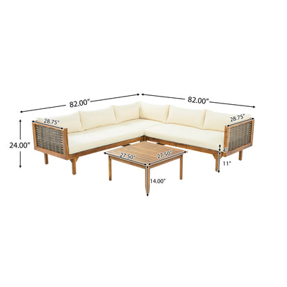 Premium Outdoor Sofa Set With Waterproof Cushions Sectional Seating Group With Acacia Wood And Wicker - Brown Mix / Beige