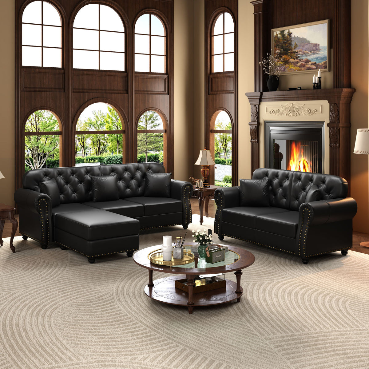 Upholstered Sofa With Nailhead Trim, Rolled Armrests With Ottoman