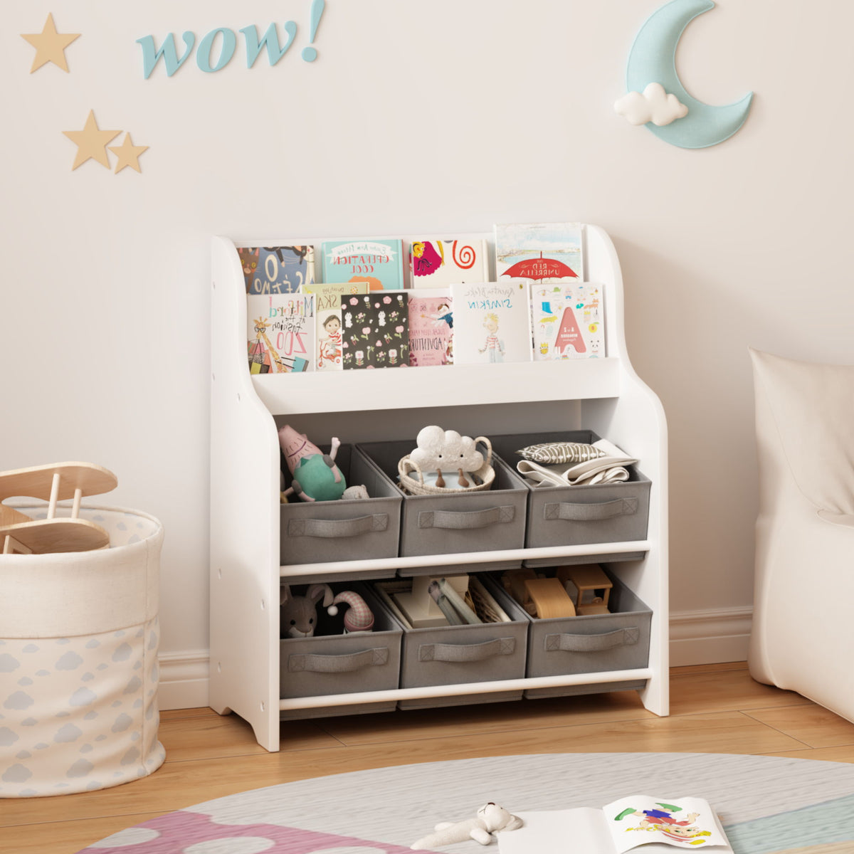Bookshelf With 6 Storage Bins, Multi Functional Children's Bookcase And Toy Organizer - White