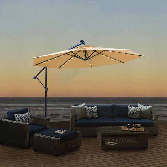 Outdoor Cantilever Patio Umbrella With 32 LED Lights 10 Ft Hanging Design Easy Open Adjustment Metal Frame - Taupe