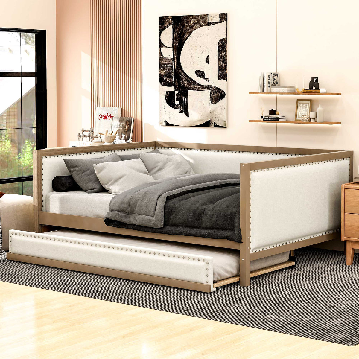 Full Size Daybed With Trundle And Nailhead Decoration - Wood