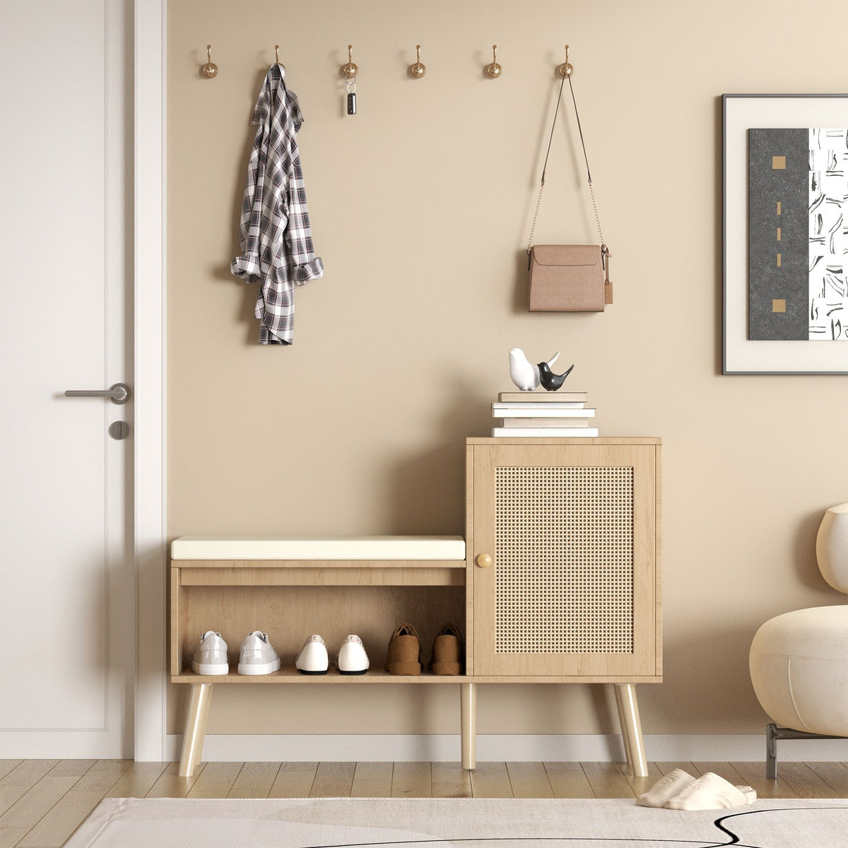 2 In 1 Shoe Storage Bench With Adjustable Shelves - Antique Natural / Rattan