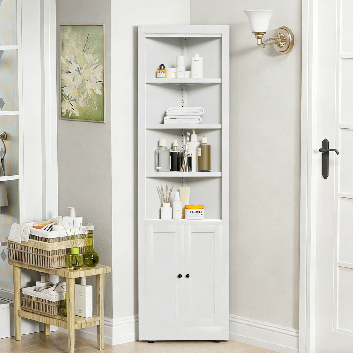 Tall Corner Storage Cabinet With 2 Doors, 5-Tier With Adjustable Shelves, Freestanding - White