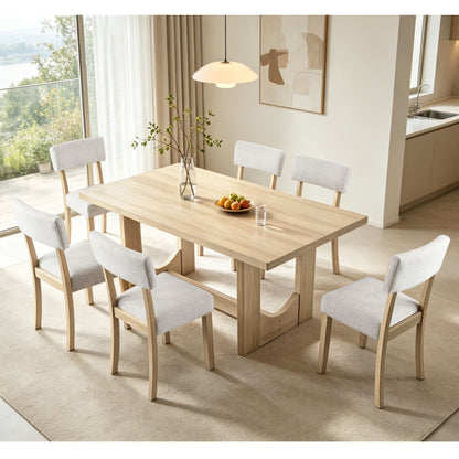 7 Piece Dining Table Set For 6, Rectangular Table With 6 Upholstered Chairs, Sturdy U - Shaped Base For Dining Room - Light Oak