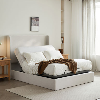 Caron - Queen Size Upholstered Wingback Bed With Adjustable Base Bundle Set - Ivory