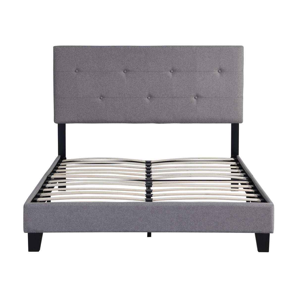 Full Size Upholstered Platform Bed Frame With Modern Button Tufted Linen Fabric Headboard, No Box Spring Needed, Wood Slat Support - Gray