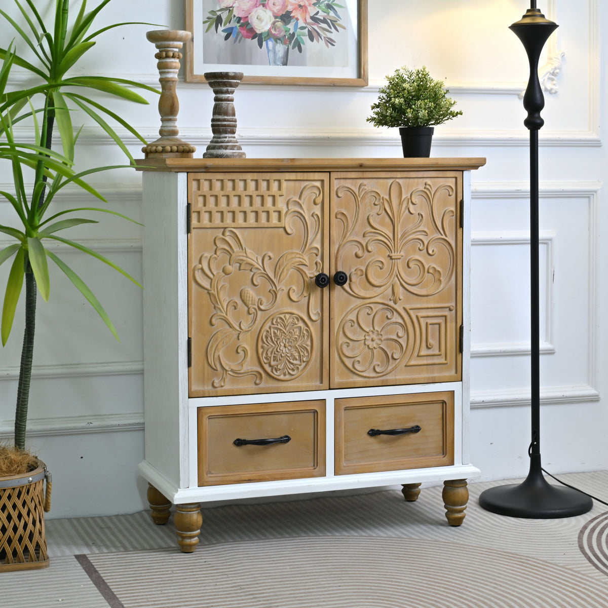 Accent Flower Carved Door Sideboard Cabinet With 2 Drawers For Kitchen - Natural Wood Wash / White