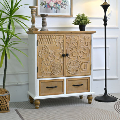 Accent Flower Carved Door Sideboard Cabinet With 2 Drawers For Kitchen - Natural Wood Wash / White