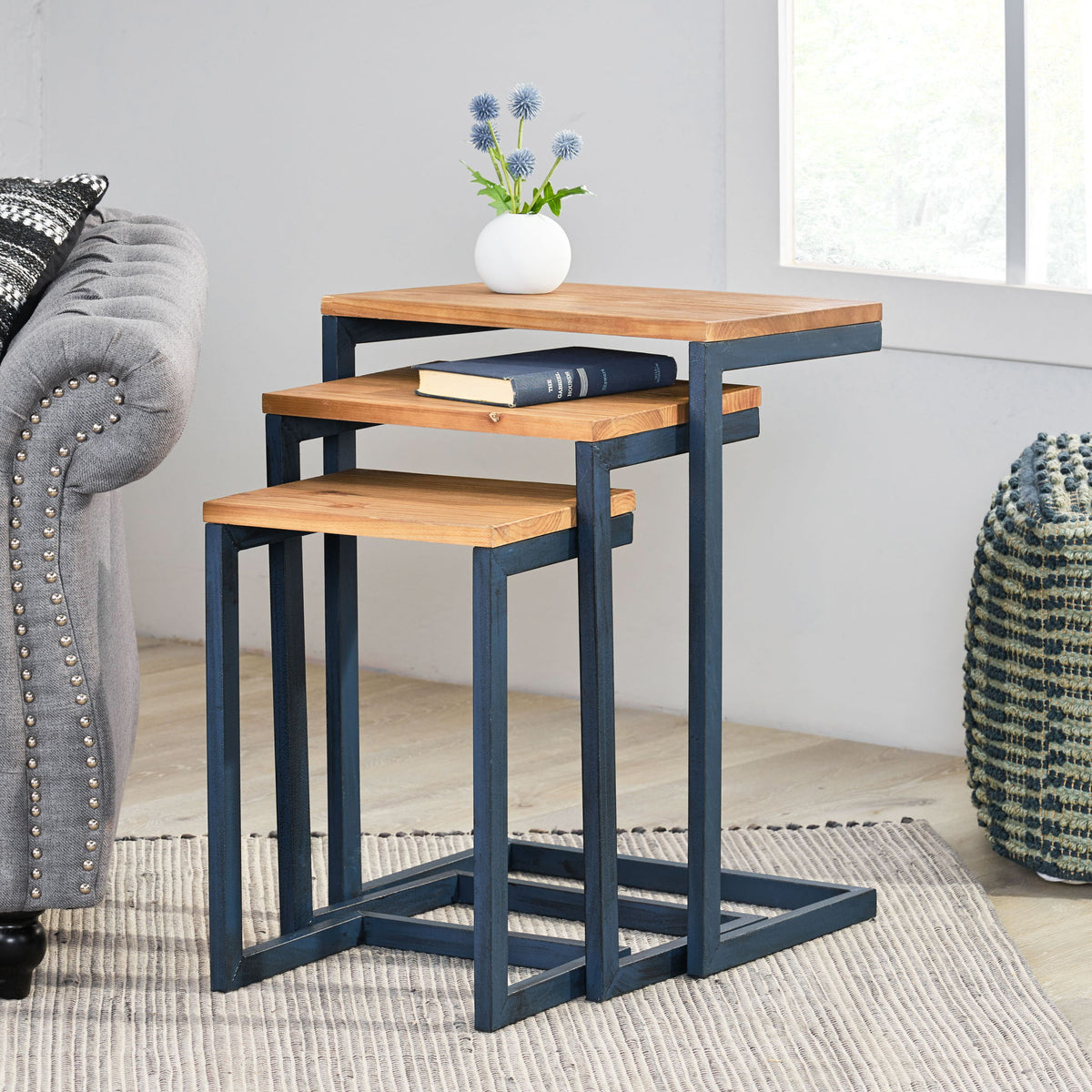 Kacha - Modern Industrial Firwood Nesting Tables (Set of 3) With Iron Frame - Antique Brown / Black