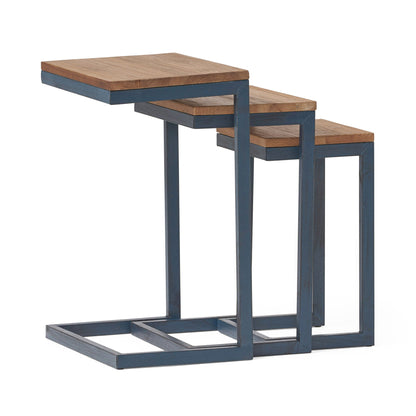 Kacha - Modern Industrial Firwood Nesting Tables (Set of 3) With Iron Frame - Antique Brown / Black
